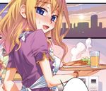  alice_(kafun_shoujo_chuuihou!) apron blonde_hair blue_eyes blush breasts china_dress chinese_clothes cityscape cloud comic covered_nipples cup dress drink drinking_glass eromanga food freckles from_behind happy kafun_shoujo_chuuihou! koume_keito long_hair looking_back medium_breasts microwave orange_juice sky smile solo steam sun sweat toast tray waitress 