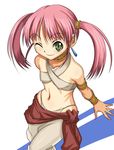  armlet bangs bard_(sekaiju) bare_shoulders blush bracer choker covered_nipples crop_top earrings flat_chest green_eyes jewelry looking_at_viewer midriff navel one_eye_closed pants pink_hair red_sarong sarong see-through sekaiju_no_meikyuu shunzou simple_background smile solo twintails wide_hips 