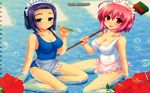  ahoge alpha_(yukai_na_nakamatachi) bad_aspect_ratio blue_eyes breasts broom bubble cleavage flower hibiscus highres large_breasts maid multiple_girls purple_hair red_eyes red_hair school_swimsuit short_hair sitting swimsuit water wet 