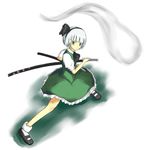  aqua_eyes black_hairband cala_(artist) ghost hairband hitodama katana konpaku_youmu konpaku_youmu_(ghost) ready_to_draw ribbon sheath sheathed short_hair solo sword touhou uchigatana weapon white_hair 