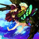  1girl bad_id bad_pixiv_id blonde_hair butterfly_wings fairy flower hat hat_feather holding_hands ingway_(odin_sphere) kawwa mercedes odin_sphere pointy_ears wings 