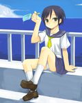  bad_id bad_pixiv_id black_hair blush food green_eyes ikura_hato original panties pantyshot popsicle school_uniform serafuku short_hair sitting solo underwear 