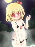  bare_shoulders bikini blonde_hair blush flat_chest hair_ribbon navel night red_eyes ribbon rumia ry short_hair side-tie_bikini solo swimsuit touhou water wet 