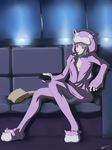  baiola couch food highres hood legs macross macross_frontier pajamas pocky sheryl_nome sitting solo thighhighs 
