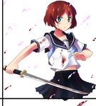  bad_id bad_pixiv_id blood green_eyes katana original red_hair riru school_uniform short_hair solo sword weapon 