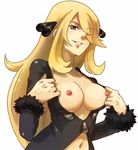  bad_id bad_pixiv_id blonde_hair breasts brown_eyes enu_(spinal) flashing hair_over_one_eye large_breasts long_hair navel nipples no_bra one_eye_closed open_clothes open_shirt pokemon pokemon_(game) pokemon_dppt shirona_(pokemon) shirt simple_background smile solo white_background 