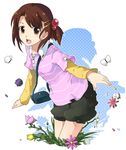  bad_id bad_pixiv_id bag brown_eyes brown_hair bug butterfly flower hair_bobbles hair_ornament insect original riru short_hair shorts side_ponytail solo striped 