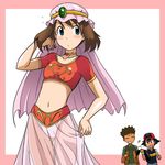  2boys alternate_costume alternate_headwear arabian_clothes black_hair blue_eyes blush border brown_hair choker haruka_(pokemon) hat highres kakkii midriff multiple_boys navel panties pokemon pokemon_(anime) pokemon_dp_(anime) satoshi_(pokemon) standing takeshi_(pokemon) transparent underwear 