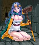  blue_eyes blue_hair blush boots breasts cape circlet cleavage dragon_quest dragon_quest_iii elbow_gloves full_body gloves hair_in_mouth hat huge_breasts indoors kneeling long_hair masao miniskirt sage_(dq3) skirt solo staff 