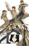 1girl artist_request baccano! black_eyes chane_laforet claire_stanfield coat dancing dutch_angle expressionless full_body haou_airen head_tilt long_sleeves looking_at_viewer open_clothes open_coat parody red_hair shaded_face short_hair simple_background surprised white_background 