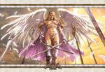  angel_wings armor azazel1944 blonde_hair boots breastless_clothes breasts breasts_apart bustier cape copyright_request feathers long_hair medium_breasts nipple_piercing nipple_rings nipples no_bra piercing realistic solo sword tattoo thigh_boots thighhighs weapon wings 