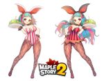  2girls animal_ears bangs blue_hair bracelet breasts bunny_ears bunny_girl bunnysuit candle detached_collar fire food jewelry leotard long_hair looking_at_viewer maplestory maplestory_2 medium_breasts multicolored_hair multiple_girls open_mouth pantyhose pink_eyes pink_hair shoes short_hair simple_background skirt smile spiked_bracelet spikes striped vanilla_(maplestory2) vertical_stripes waitress white_background 