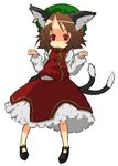  animal_ears brown_hair cat_ears chen earrings hat jewelry red_eyes solo tail touhou wadaichi 