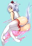  albino animal_ears ass bad_feet bad_id bad_pixiv_id hat inubashiri_momiji kirise_mitsuru panties pantyshot red_eyes short_hair solo striped striped_panties tail thighhighs tokin_hat touhou underwear white_hair wolf_ears wolf_tail 