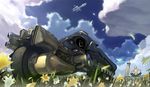  aircraft airship bad_id bad_pixiv_id bare_shoulders black_pants blonde_hair blue_sky cloud cloud_strife day fenrir_(vehicle) field final_fantasy final_fantasy_vii final_fantasy_vii_advent_children flower flower_field flying from_behind fusion_swords grey_shirt ground_vehicle huge_weapon indian_style letterboxed male_focus motor_vehicle motorcycle pants petals plant planted_sword planted_weapon robert_kim scenery shera_(vehicle) shirt shoulder_blades sitting sky sleeveless sleeveless_shirt solo spread_legs sword weapon 