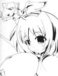  ahoge blush cape caro_ru_lushe closed_mouth dragon eyebrows_visible_through_hair flower flower_on_head flying friedrich greyscale hat lyrical_nanoha magical_girl mahou_shoujo_lyrical_nanoha_strikers monochrome monster sch simple_background smile solo upper_body white_background wings 