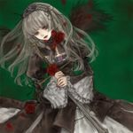  black_wings doll flower grey_hair hairband highres lipstick lolita_fashion lolita_hairband long_hair makeup nail_polish petals purple_eyes rose rose_petals rozen_maiden solo suigintou sword weapon wings yukishiro_(hitsuji) 