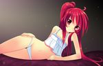  bad_deviantart_id bad_id chemise flat_chest framboosi hand_on_hip lingerie lowleg lowleg_panties lying navel panties ponytail red_eyes red_hair shakugan_no_shana shana side_ponytail solo underwear watermark 