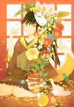  ame_(conronca) black_hair comb flower fox_mask fox_tail hair_ornament japanese_clothes kimono kitsune long_hair looking_at_viewer mask obi original sash short_kimono short_yukata sitting smile solo tail yellow_eyes youkai yukata 