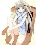  bad_feet barefoot blue_eyes chair china_dress chinese_clothes dress highres knee_up leg_hug little_busters! long_hair looking_at_viewer noumi_kudryavka panties shigen silver_hair sitting solo striped striped_panties underwear 