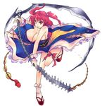  :p alternate_weapon breasts cleavage full_body hair_bobbles hair_ornament highres huge_breasts onozuka_komachi panbai red_eyes red_hair scythe short_hair solo tongue tongue_out touhou transparent_background weapon 