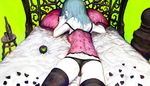  alternate_hairstyle apple ass bad_id bad_pixiv_id bed blue_eyes blue_hair bottle camisole food fruit goblet hatsune_miku highres looking_back lying nagimiso on_stomach panties petals pillow romeo_to_cinderella_(vocaloid) solo thighhighs thong underwear vocaloid 