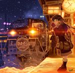  3boys bag boots breath brown_hair clock coat gloves ground_vehicle hair_ornament hairclip hiragana locomotive long_hair multiple_boys original revision scarf short_hair snow snowing train train_station vania600 