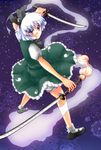  black_hairband blue_eyes dual_wielding ghost hairband highres holding katana konpaku_youmu konpaku_youmu_(ghost) nari830 short_hair silver_hair solo sword touhou weapon 