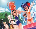  3girls ahoge albino animal_ears armpits ball beachball bell bikini black_hair blue_hair cat_ears child day green_eyes highres innertube jellyfish kyouran_kazoku_nikki lion midarezaki_chika midarezaki_gekka midarezaki_ginka midarezaki_hyouka midarezaki_kyouka midarezaki_ouka midarezaki_teika midarezaki_yuuka multiple_boys multiple_girls name_tag one-piece_swimsuit one_eye_closed ponytail red_eyes robot school_swimsuit side-tie_bikini splashing sunglasses swimsuit water white_hair x6suke 