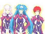  biruberu blue_hair bodysuit closed_eyes green_eyes headband klan_klein long_hair lowres macross macross_frontier meltrandi multicolored multicolored_bodysuit multicolored_clothes multiple_girls nene_rora pilot_suit pink_bodysuit pink_hair pointy_ears purple_bodysuit purple_eyes raramia_rerenia red_hair short_hair twintails very_long_hair zentradi 