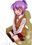  blush chair copyright_request no_name_ninja one_eye_closed pee peeing peeing_self purple_hair school_uniform sitting solo tears thighhighs 