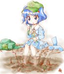  backpack bag barefoot blue_eyes blue_hair boots cucumber hat kairakuen_umenoka kawashiro_nitori key sitting soaking_feet solo touhou two_side_up water 