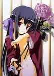  absurdres black_hair copyright_request flower hair_ornament hairpin highres japanese_clothes kimono miyashita_miki open_clothes peony_(flower) red_eyes ribbon scissors solo 