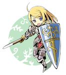  ahoge armor blonde_hair blue_eyes chan_co full_body paladin_(sekaiju) sekaiju_no_meikyuu shield solo standing sword weapon 