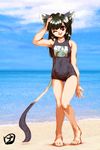  :p animal_ears arm_up barefoot beach black_hair black_school_swimsuit copyright_request day full_body green_hair hand_on_own_head heel_raised hisahiko long_hair name_tag one-piece_swimsuit one_eye_closed outdoors red_eyes school_swimsuit solo swimsuit tail thigh_gap tongue tongue_out water 