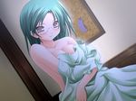  angel_breath aqua_hair bangs bed blanket blush breast_squeeze breasts brown_eyes cleavage dutch_angle embarrassed game_cg glasses hair_ornament hairclip indoors kantoku large_breasts long_hair looking_at_viewer morisato_chika nanami_ayane parted_bangs photo_(object) sitting solo swept_bangs takanae_kyourin topless 