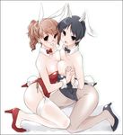  aka_ume animal_ears black_eyes black_hair bow bowtie breast_press breasts brown_eyes brown_hair bunny_ears bunny_tail bunnysuit copyright_request fishnet_pantyhose fishnets garter_belt glasses high_heels holding_hands large_breasts multiple_girls pantyhose shoes symmetrical_docking tail thighhighs wrist_cuffs 