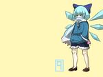  1girl alternate_costume aqua_hair bangs bare_legs blue_bow blue_eyes blue_hair blue_scarf blue_shorts blush blush_stickers bow brown_footwear cable casual cirno contemporary covered_mouth digital_media_player eyebrows_visible_through_hair fur-trimmed_shorts fur_trim hair_bow hands_in_pocket ice ice_wings ipod jacket jitome legs_apart long_sleeves melonpan_(artist) number pullover scarf scarf_over_mouth shoes short_hair shorts simple_background solo standing touhou wings yellow_background zipper 