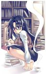  barefoot black_hair blue_eyes book coffee cup feet glasses long_hair mikage_sekizai read_or_die solo squatting yomiko_readman 