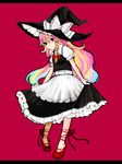 ankle_lace-up bad_id bad_pixiv_id blonde_hair blue_hair braid cross-laced_footwear hat kirisame_marisa letterboxed long_hair multicolored_hair pigeon-toed pink_hair red_background ribbon side_braid simple_background smile solo tan_(tangent) touhou witch_hat 