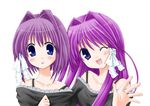  artist_request casual clannad fujibayashi_kyou fujibayashi_ryou lowres multiple_girls one_eye_closed siblings twins 