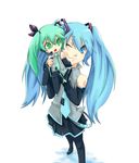  anbo bad_id bad_pixiv_id blue_eyes blue_hair detached_sleeves green_eyes green_hair hatsune_miku long_hair necktie one_eye_closed simple_background solo thighhighs twintails vocaloid 
