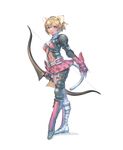  absurdres animal_ears armor ascot blonde_hair blue_eyes bob_cut boots bow_(weapon) brave_story brave_story:_aratanaru_tabibito cat_ears cat_tail fingerless_gloves flat_chest full_body gloves hairband highres knee_boots midriff navel official_art pleated_skirt short_hair simple_background skirt solo standing tail toe-point weapon whiskers yasuda_akira yuno_(brave_story) 