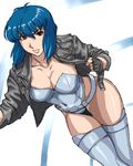  belt blue_hair blue_leotard breasts cleavage fingerless_gloves ghost_in_the_shell ghost_in_the_shell_stand_alone_complex gloves highleg highleg_leotard jacket kusanagi_motoko large_breasts leotard lips lowres matoyama oekaki open_clothes open_jacket red_eyes short_hair solo thighhighs 