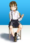  ;) bangs black_legwear black_skirt blue_background blush brown_eyes brown_footwear brown_hair chair commentary dress_shirt error full_body holding_strap low_twintails mary_janes one_eye_closed original pleated_skirt school_uniform shadow shirt shoes short_hair sitting skirt smile socks sody solo strap_slip suspender_skirt suspenders twintails unbuttoned undressing white_shirt 