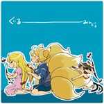  animal_ears bad_id bad_pixiv_id blonde_hair blood cat_ears cat_tail chen chibi fox_ears fox_tail gap hair_brush hair_brushing hug kawanabe large_tail long_hair multiple_girls nosebleed ribbon short_hair tail tail_hug touhou translated yakumo_ran yakumo_yukari 