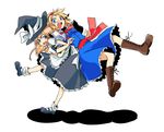  alice_margatroid back-to-back blonde_hair blue_eyes boots hairband hat holding_hands kirisame_marisa miya_(tsumazukanai) multiple_girls ribbon touhou witch_hat 