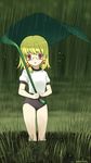  blonde_hair buruma child commentary_request glasses grass gym_uniform lily_pad nature okina_ika open_mouth original rain red_eyes signature solo water 