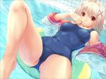  breasts covered_nipples fujimi_yukari game_cg large_breasts one-piece_swimsuit ribbon satou_satoru school_swimsuit school_uniform short_hair solo swimsuit tsukushite_ageru_no_ni! water wet wet_clothes 