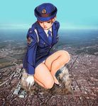  brown_eyes brown_hair character_request city giantess gloves gts hat highres miniskirt necktie panties pantyshot police police_uniform policewoman shoes short_hair sitting skirt underwear uniform white_gloves white_panties 